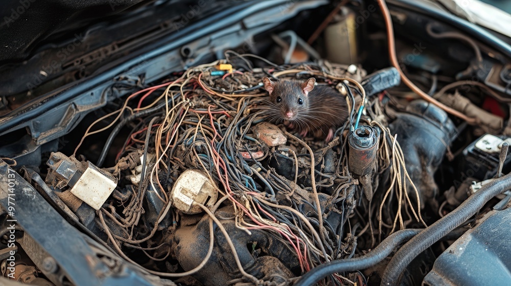 The image depicts a car engine with wiring severely damaged by rats. The damaged wires and insulation are visible, showcasing the impact of rodent activity on vehicle performance.