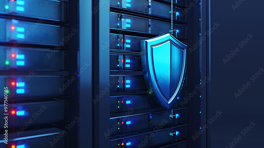 A sleek server room featuring illuminated racks and a prominent shield symbolizing cybersecurity and data protection. A sleek server room featuring illuminated racks and a prominent shield symbolizing cybersecurity and data protection.