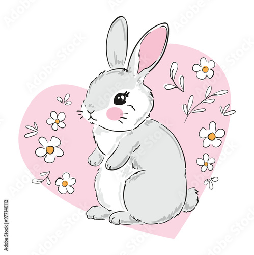 Hand Drawn Cute Bunny and flowers vector, print design