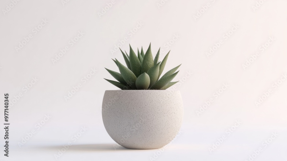 A minimalist plant pot with a green succulent, standing against a pure white background. A minimalist plant pot with a green succulent, standing against a pure white background.