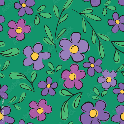 Hand Drawn Flowers Seamless pattern, Vector illustration summer spring print