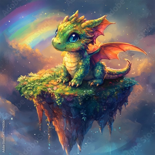 A cute dragon perched on a floating island with a rainbow backdrop.