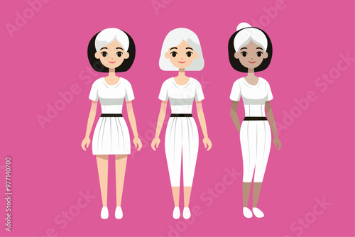 Three diverse women in white tennis outfits and visors smiling confidently isolated on pink background vector illustration