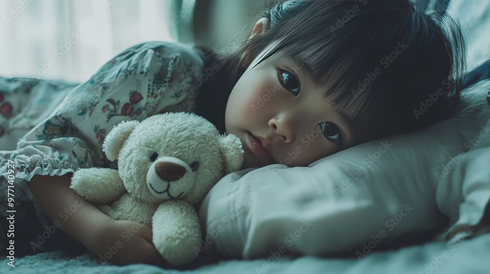 Φωτογραφία The little Asian girl lies on her side, clutching her teddy bear.