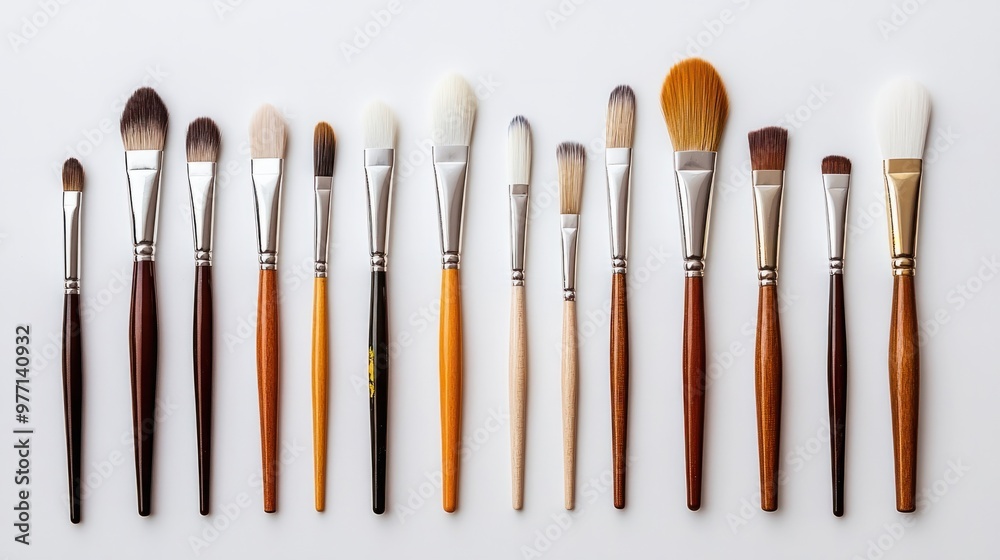 A set of artist paintbrushes neatly arranged on a white background, showing different brush types. A set of artist paintbrushes neatly arranged on a white background, showing different brush types.