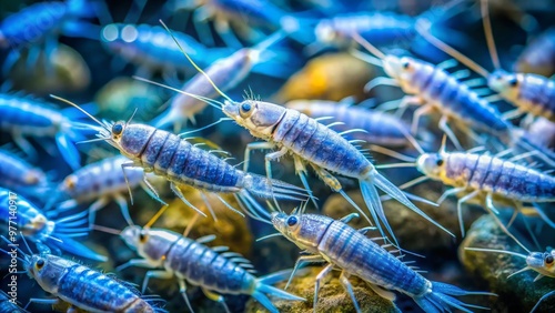 Silvery fish swim in a radiant cluster against a hazy backdrop, their translucent blue highlights shimmering like tiny photo