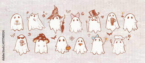 Doodle ghosts in various costumes and accessories, including hats, bows, and seasonal elements, hand drawn in a playful style on vintage background