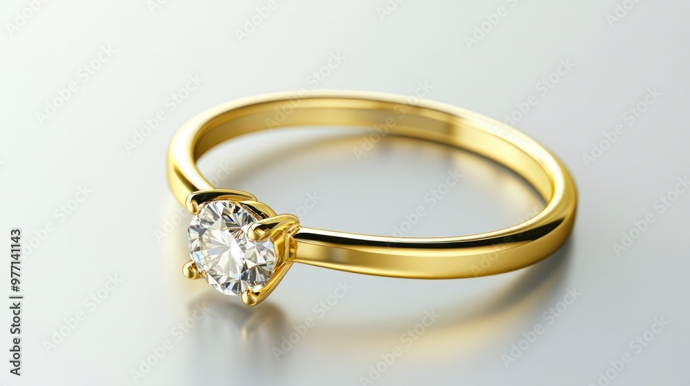 A simple gold ring with a diamond, isolated on a smooth white background, reflecting light. A simple gold ring with a diamond, isolated on a smooth white background, reflecting light.