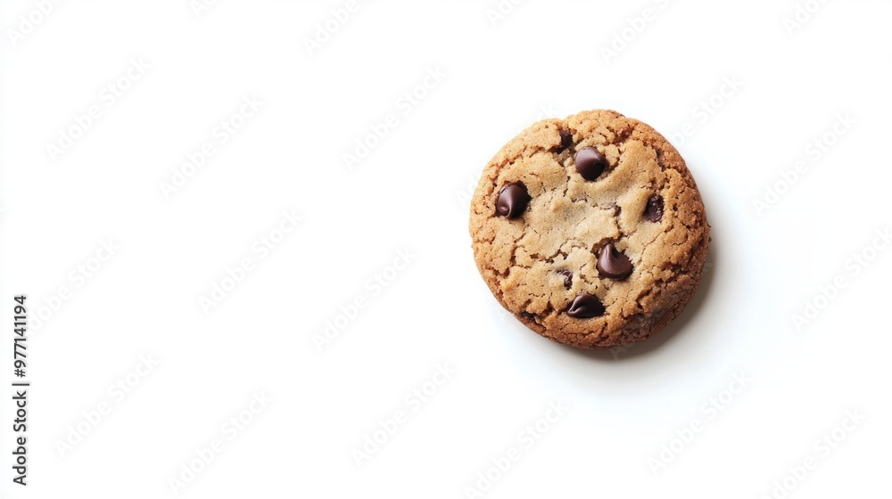 A single chocolate chip cookie placed on a white background, casting a small shadow. A single chocolate chip cookie placed on a white background, casting a small shadow.