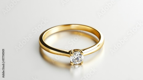 Wallpaper Mural A simple gold ring with a diamond, isolated on a smooth white background, reflecting light. Torontodigital.ca