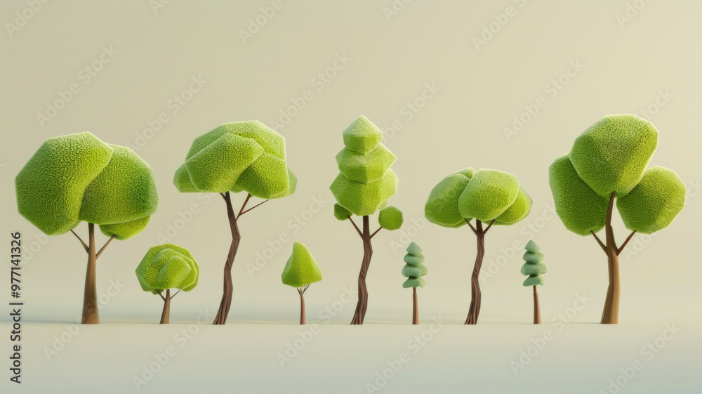 Fototapeta premium A playful 3D cartoon tree icon with bright green leaves and a simple structure, designed for use in nature, eco, and environmental concepts. AI generative