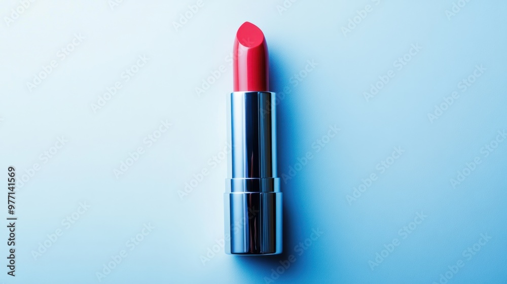 A single, shiny lipstick tube, placed upright on a bright white background. A single, shiny lipstick tube, placed upright on a bright white background.