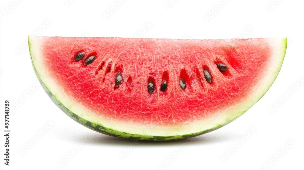 A slice of juicy watermelon with seeds, placed on a bright white background, giving a fresh and vibrant look. A slice of juicy watermelon with seeds, placed on a bright white background, giving a fresh and vibrant look.