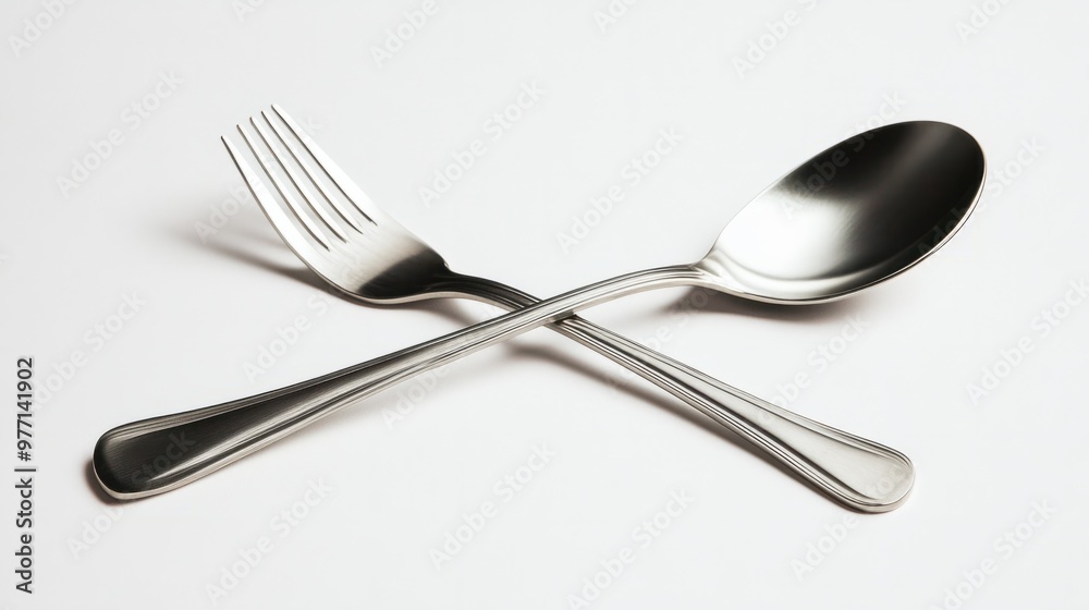 A stainless steel fork and spoon, crossed over one another, lying flat on a white background. A stainless steel fork and spoon, crossed over one another, lying flat on a white background.