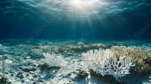 Fototapeta Naklejka Na Ścianę i Meble -  A dead coral reef underwater due to ocean acidification and rising temperatures