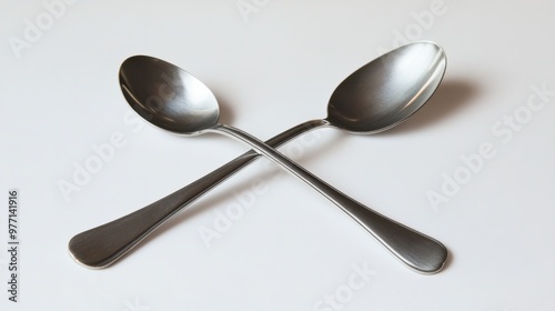 A stainless steel fork and spoon, crossed over one another, lying flat on a white background.