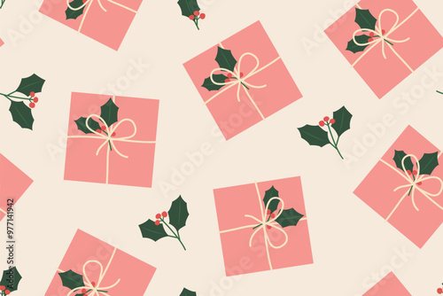 seamless pattern with christmas presents decorated with holly berry twigs- vector illustration