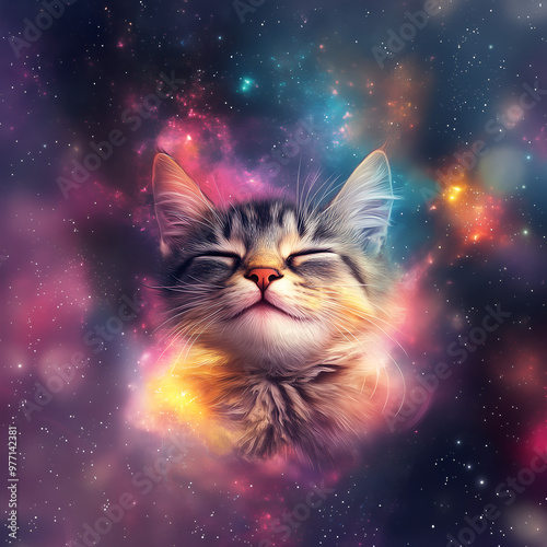 portrait of head cute baby cat with closed eyes in the cosmic space