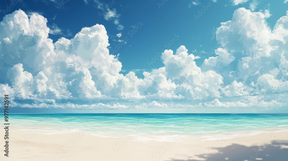 Visualize a dreamy beachscape where fluffy clouds drift lazily across the sky, with the soft sand and crystal-clear water creating a perfect, relaxing retreat Visualize a dreamy beachscape where fluffy clouds drift lazily across the sky, with the soft sand and crystal-clear water creating a perfect, relaxing retreat