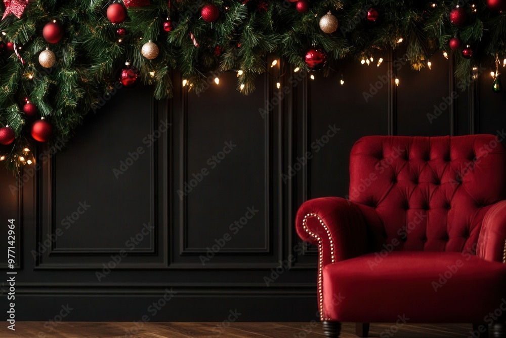 Obraz premium Christmas backdrop adorned with festive decorations and beautifully wrapped Christmas gifts for a cozy holiday vibe,