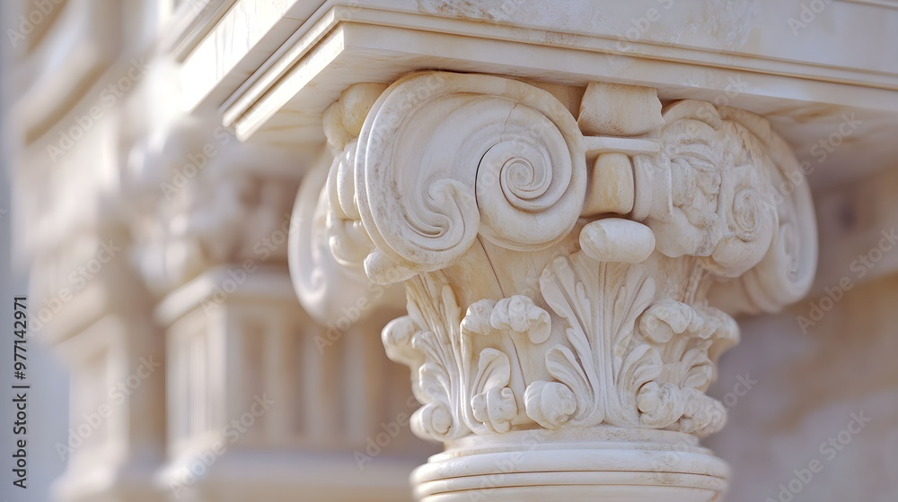 Intricate close-up of a Greek Ionic column base with an engraved sign Intricate close-up of a Greek Ionic column base with an engraved sign