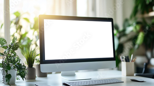 Modern workspace with a computer and indoor plants creating a serene environment