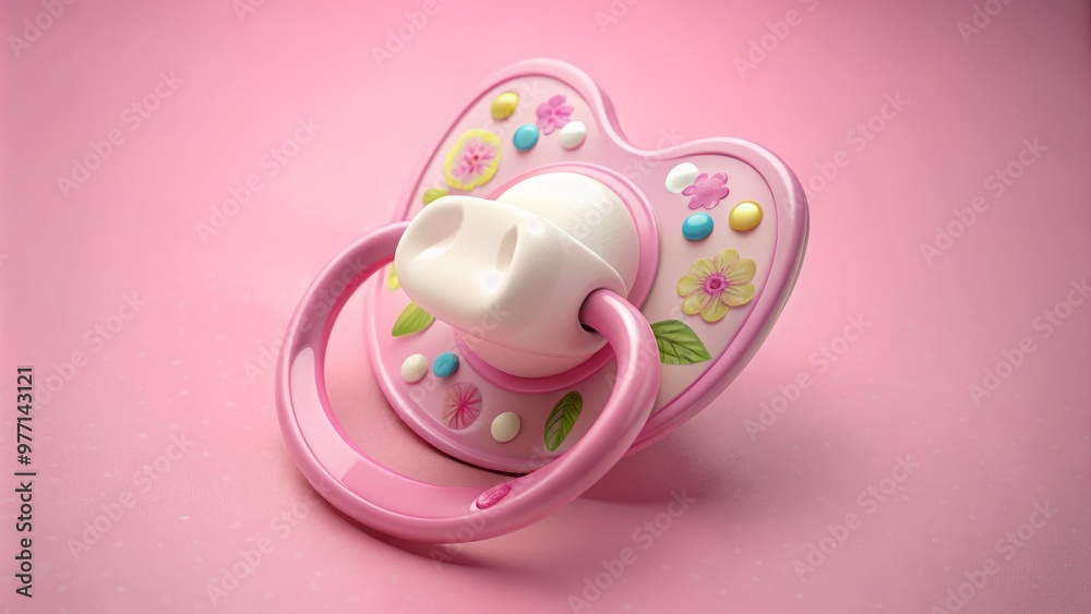 Softly glowing pacifier adorned with delicate floral patterns on a gentle pink background, evoking a sense of Softly glowing pacifier adorned with delicate floral patterns on a gentle pink background, evoking a sense of