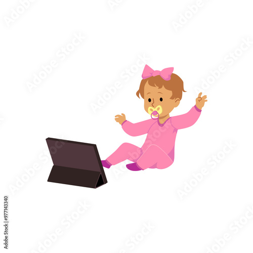 Cute baby with pacifier sitting and looking at smartphone or tablet device, vector cartoon little girl using gadget