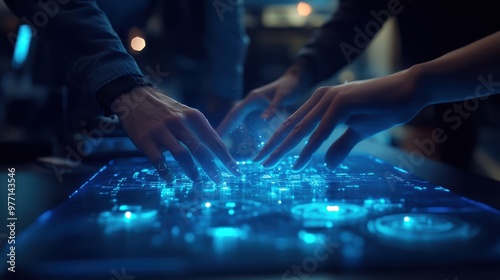 Wallpaper Mural Close-up of team members working on a glowing holographic display, project data floating in vibrant neon blue, sharp focus on their hands, futuristic office environment, 3D render. Torontodigital.ca