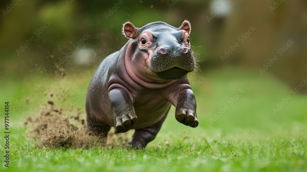 Fototapeta premium A bouncy baby hippo running through a grassy field, with its tiny legs kicking up dirt, showing off its playful and energetic nature.