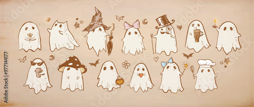 Doodle ghosts in various costumes and accessories, including hats, bows, and seasonal elements, hand drawn in a playful style on vintage background