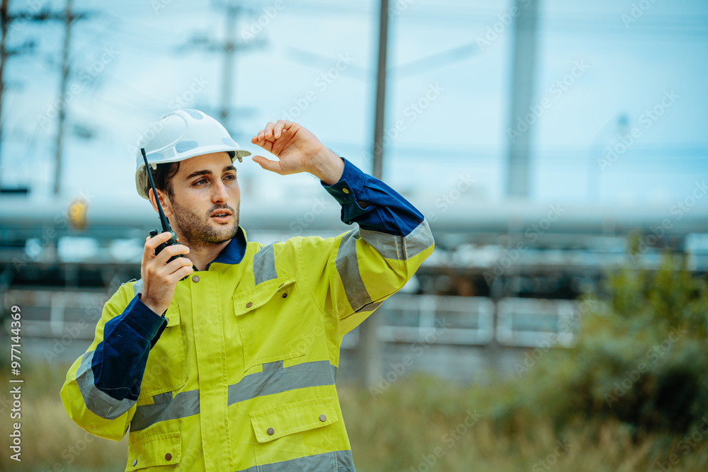 Engineer working using radio and standing in front of a petroleum industrial plant. Engineer working using radio and standing in front of a petroleum industrial plant.