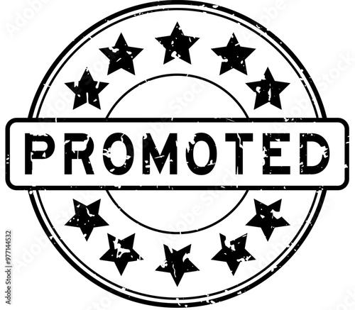 Grunge black promoted word with star icon round rubber seal stamp on white background