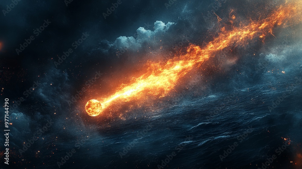 A breathtaking moment where a flaming comet falls into an ocean, creating a spectacular steam explosion. The fiery streak contrasts sharply with the cool, dark waters below.