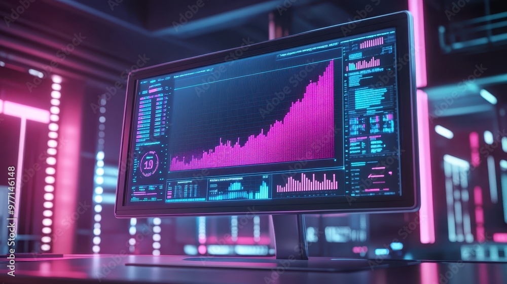 Quality control monitor displaying benchmark comparison charts, holographic style, ultra-realistic textures, blue and pink neon tones, industrial background. Quality control monitor displaying benchmark comparison charts, holographic style, ultra-realistic textures, blue and pink neon tones, industrial background.