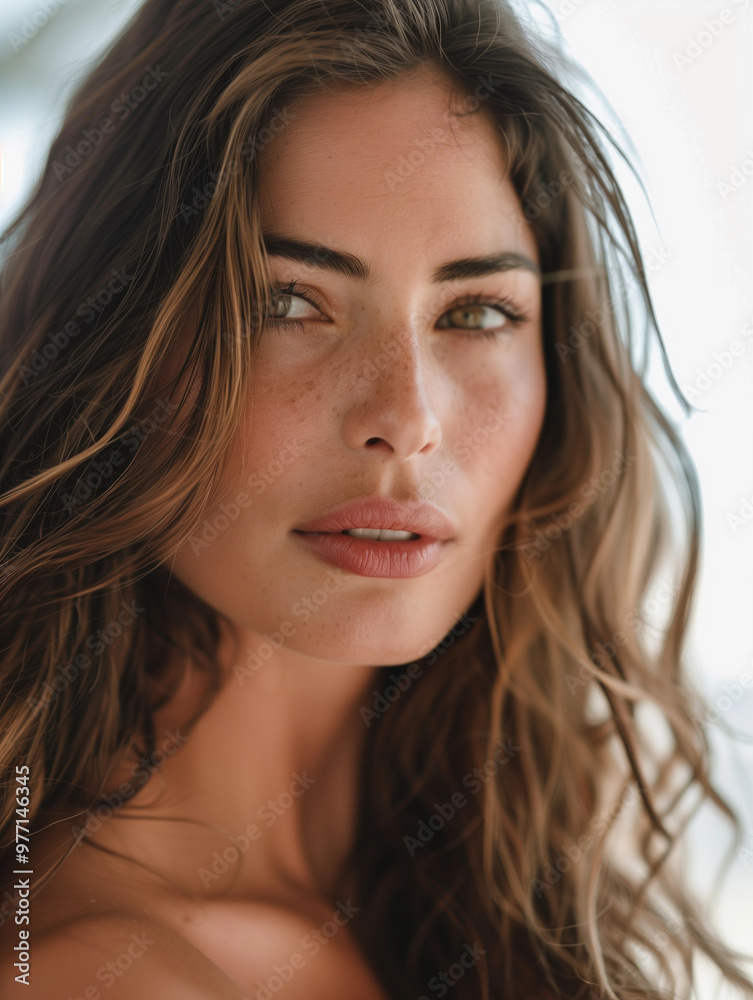 natural beauty portrait young woman glowing skin long wavy brunette hair fresh minimal makeup soft light wellness skincare natural beauty portrait young woman glowing skin long wavy brunette hair fresh minimal makeup soft light wellness skincare