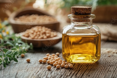 a rustic table features a bottle of soybean oil, perfect for frying and salad dressings soybean oil concept displayed