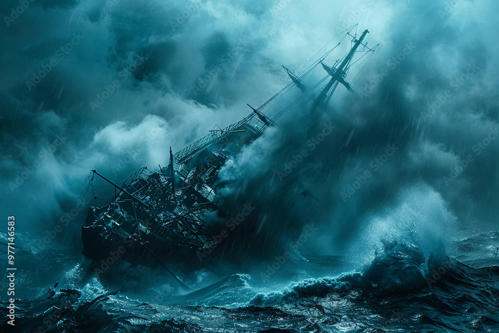 Fototapeta premium Underwater view of an old sunken ship on seabed with fish swimming