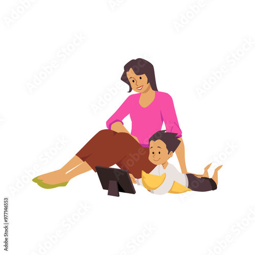 Cute boy with mother looking at tablet device, vector family using gadget, online education communication, entertainment