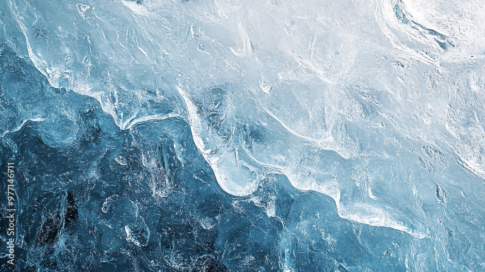 A close-up view of icy water with waves crashing at a shoreline during a bright sunny day A close-up view of icy water with waves crashing at a shoreline during a bright sunny day