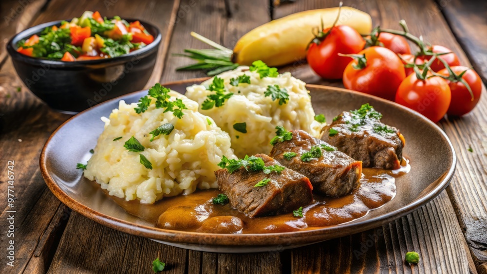 Tender beef, creamy mashed potatoes, and a scoop of fluffy rice create a satisfying and filling Chilean dish. Tender beef, creamy mashed potatoes, and a scoop of fluffy rice create a satisfying and filling Chilean dish.