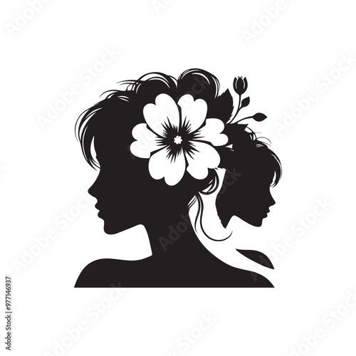 Beautiful woman's face in profile with floral spring illustration, a vector silhouette of her head adorned with flowers and a butterfly, embodying grace and fashion