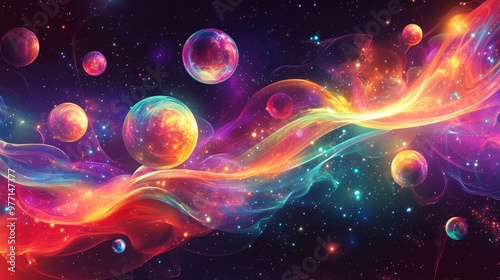 Fototapeta Naklejka Na Ścianę i Meble -  A fantastical psychedelic space backdrop with luminescent, floating orbs and interstellar waves of color. 