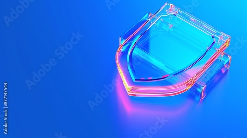 A vibrant, translucent shield design illuminated with neon blue and pink light, symbolizing protection and security.