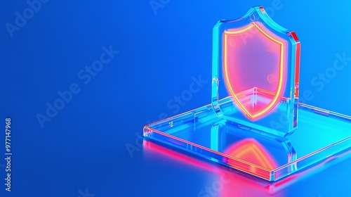 A vibrant neon shield design representing security and protection, displayed against a modern blue background.