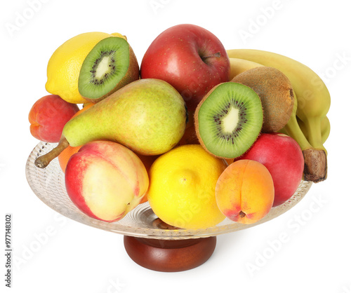 Fototapeta Naklejka Na Ścianę i Meble -  Glass vase with different fresh fruits isolated on white