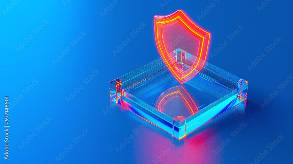 A vibrant neon shield icon inside a glass base, symbolizing protection and security on a blue background. A vibrant neon shield icon inside a glass base, symbolizing protection and security on a blue background.
