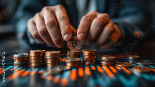 A businessman's hand is holding coins and sitting on the background of stock market charts, with a pile of stacked coins in front, representing the bitcoin concept