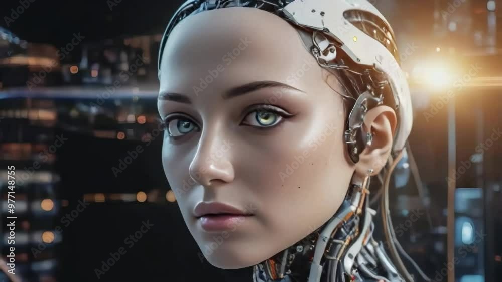 AI concept: robot portrait with female human face and visible data streams AI concept: robot portrait with female human face and visible data streams