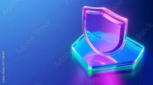 A vibrant neon shield icon representing protection and security, set against a modern blue background.